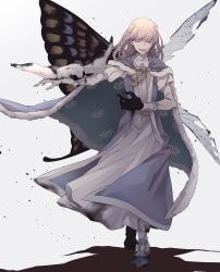 Rule 34 | 1boy, :d, absurdres, animal on arm, asymmetrical wings, black skin, blonde hair, blue cloak, blue coat, blue footwear, bug, butterfly wings, claws, cloak, closed eyes, coat, collar, colored skin, diamond hairband, dirty, dirty clothes, facing viewer, fate/grand order, fate (series), frilled collar, frills, full body, fur-trimmed cloak, fur trim, hair between eyes, highres, insect, insect wings, juliet sleeves, long sleeves, medium hair, morita yuu, moth, oberon (fate), oberon (third ascension) (fate), open mouth, outstretched arm, pants, patterned clothing, puffy sleeves, robe, shoes, sleeveless, sleeveless coat, smile, solo, spoilers, torn wings, turtleneck, white background, white pants, white robe, wings
