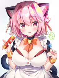 Rule 34 | 1girl, alternate costume, animal ears, bad id, bad pixiv id, bell, neck bell, blush, bow, bowtie, breasts, candy, cat ears, cat tail, cleavage, collar, commentary request, fang, food, hair ornament, hair ribbon, highres, jingle bell, kantai collection, large breasts, lollipop, looking at viewer, masayo (gin no ame), parted lips, pink eyes, pink hair, ribbon, short hair, simple background, solo, tail, tama (kancolle), upper body, white background, wrist cuffs