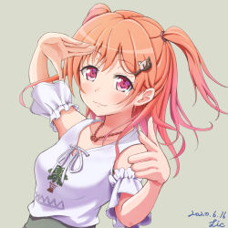 Rule 34 | 1girl, :3, bang dream!, blush, breasts, cat hair ornament, collarbone, commentary, dated, detached sleeves, hair ornament, highres, hiromachi nanami, jewelry, lic (licloud28), looking at viewer, necklace, orange hair, pink eyes, pink hair, salute, shirt, signature, simple background, small breasts, smile, solo, two side up, upper body