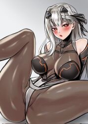 Rule 34 | 1girl, anus, anus peek, ass, bandaged head, bandages, bare shoulders, black ribbon, blush, bodystocking, bodysuit, breasts, cleavage, goddess of victory: nikke, grey background, grey hair, hair ribbon, highres, jjt tuch, large breasts, lips, long hair, looking at viewer, modernia (nikke), partially visible vulva, red eyes, ribbon, see-through, see-through cleavage, sidelocks, simple background, sitting, solo, spread legs