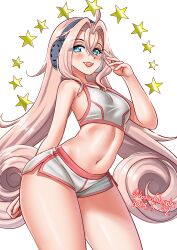 Rule 34 | 1girl, absurdres, alternate costume, blue eyes, dated, dolphin shorts, drum (kancolle), hair ornament, hair rings, headphones, highres, kantai collection, katou shinobu, long hair, midriff, navel, one-hour drawing challenge, pink hair, shorts, simple background, smile, solo, sports bra, star (symbol), star hair ornament, twitter username, very long hair, white background, white shorts, white sports bra