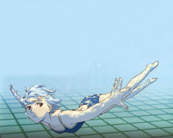 Rule 34 | 1girl, :t, ayanami rei, barefoot, blue hair, blue one-piece swimsuit, blue theme, breasts, bubble, caustics, foreshortening, from side, holding breath, neon genesis evangelion, non-web source, one-piece swimsuit, outstretched arms, pale skin, pool, red eyes, scan, school swimsuit, short hair, small breasts, solo, spread arms, swimming, swimsuit, underwater, wallpaper