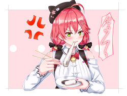 1girl ahoge anger_vein angry bell beret black_hat blush bow bowtie chopsticks clothing_cutout collared_shirt eating flower food food_in_mouth frilled_sleeves frills green_eyes hair_between_eyes hair_flower hair_ornament hairclip hat highres holding holding_chopsticks holding_plate hololive jingle_bell kyamu_(qqea92z9n) long_hair long_sleeves low_twintails mochi mochi_trail mouth_hold neck_bell official_alternate_costume pink_background pink_hair plate purple_nails red_bow red_bowtie sakura_miko sakura_miko_(casual) shirt shoulder_cutout solo twintails v-shaped_eyebrows virtual_youtuber white_shirt