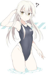 Rule 34 | 1girl, ?, anchor symbol, bare arms, bare shoulders, black one-piece swimsuit, blonde hair, brown eyes, clothes writing, collarbone, competition swimsuit, groin, hair between eyes, kantai collection, long hair, one-piece swimsuit, partially submerged, shigino sohuzi, shimakaze (kancolle), solo, swimsuit, white background