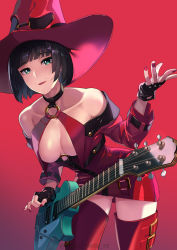 Rule 34 | 1girl, absurdres, artist name, bare shoulders, blue eyes, bob cut, boots, breasts, collarbone, commentary request, electric guitar, fingerless gloves, fingernails, gibson les paul, gloves, gradient background, green eyes, guilty gear, guilty gear xrd, guitar, halterneck, hat, heterochromia, highres, i-no, instrument, kagematsuri, leaning forward, lips, lipstick, looking at viewer, makeup, medium breasts, mole, mole above mouth, nail polish, o-ring, o-ring top, red footwear, red hat, revealing clothes, short hair, simple background, smile, solo, thigh boots, thighhighs, witch hat, zettai ryouiki