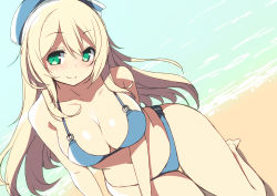 Rule 34 | 10s, 1girl, atago (kancolle), bad id, bad pixiv id, bare shoulders, beach, bikini, blonde hair, blue bikini, blue hat, blush, breasts, cleavage, full-face blush, green eyes, hat, kantai collection, large breasts, long hair, looking at viewer, navel, nekoume, nose blush, o-ring, o-ring top, personification, smile, solo, swimsuit, thigh gap
