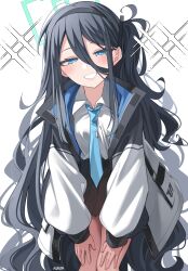 Rule 34 | 1girl, absurdly long hair, absurdres, aris (blue archive), black hair, black hairband, black skirt, blue archive, blue eyes, blue necktie, blush, collared shirt, feet out of frame, green halo, hairband, halo, hands on own knees, highres, jacket, long hair, long sleeves, necktie, one side up, open clothes, open jacket, open mouth, pleated skirt, rirua (kjom802), shirt, signature, skirt, smile, solo, very long hair, white jacket, white shirt