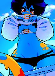 Rule 34 | 1girl, artist name, belt, black hair, black panties, blue pants, blue skin, blue sky, blue theme, breasts, clothes lift, clothes pull, cloud, collar, colored skin, covered mouth, cowboy shot, cross pasties, day, female focus, groin, hands up, head tilt, highres, lifting own clothes, long sleeves, looking at viewer, medium breasts, navel, original, outdoors, panties, pants, pants pull, pasties, pixelated, red eyes, rikki (unknownspy), shirt, shirt lift, short hair, sidelocks, signature, sky, solo, standing, stomach, tail, underwear, unknownspy, white shirt