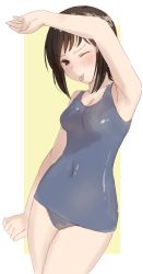 Rule 34 | 1girl, armpits, black eyes, black hair, blue one-piece swimsuit, border, breasts, contrapposto, covered navel, cowboy shot, fubuki (kancolle), ganbarimasu, grey one-piece swimsuit, highres, kantai collection, low ponytail, one-piece swimsuit, one eye closed, ponytail, school swimsuit, short hair, short ponytail, sidelocks, small breasts, solo, swimsuit, tongue, tongue out, two-tone background, white border, yellow background