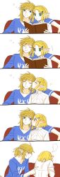 Rule 34 | 1boy, 1girl, 5koma, arm around shoulder, blonde hair, blue eyes, blue shirt, blush, book, braid, collarbone, comic, couch, covering face, crown braid, ear blush, earrings, eye contact, flat chest, flat color, from behind, full-face blush, green eyes, hair ornament, hairclip, hands up, highres, holding, holding book, jewelry, kissing cheek, light blush, link, long sleeves, looking at another, looking to the side, motion lines, multiple views, nintendo, nose blush, notice lines, on couch, open book, parted bangs, pointing, pointy ears, princess zelda, reading, shijima (4jima), shirt, short hair, short sleeves, sidelocks, simple background, sitting, sketch, sleeping, sleepy, steam, the legend of zelda, the legend of zelda: breath of the wild, the legend of zelda: tears of the kingdom, upper body, white background, white shirt
