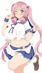 Rule 34 | 1girl, akashi (kancolle), alternate hairstyle, blue sailor collar, blue skirt, breasts, brown footwear, commentary request, cosplay, green eyes, hair bobbles, hair ornament, hair ribbon, kantai collection, kusano (torisukerabasu), large breasts, long hair, one eye closed, pink hair, pleated skirt, red ribbon, ribbon, sailor collar, sazanami (kancolle) (cosplay), sazanami (kancolle), school uniform, serafuku, shoes, short sleeves, simple background, skirt, smile, solo, star (symbol), tress ribbon, twintails, white background