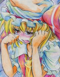 Rule 34 | 1girl, ascot, bad id, bad pixiv id, blonde hair, blush, colored pencil (medium), commentary, crying, crying with eyes open, female focus, flandre scarlet, frills, hand on another&#039;s head, hat, hat ribbon, highres, nichibotsu (kitaziman), open mouth, red eyes, ribbon, short hair, solo focus, tears, touhou, traditional media, wiping tears