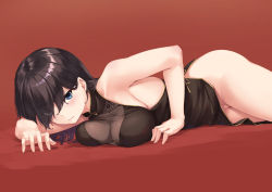 Rule 34 | 1girl, armpits, ass, bare arms, bare shoulders, black dress, black hair, blue eyes, breasts, china dress, chinese clothes, closed mouth, dress, eyes visible through hair, gold trim, groin, hair over one eye, highres, large breasts, long hair, looking at viewer, lying, no panties, on stomach, original, pelvic curtain, rebutsu, red background, simple background, sleeveless, sleeveless dress, solo, thighs