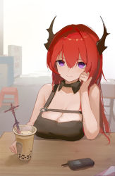 Rule 34 | 1girl, absurdres, arknights, bare shoulders, belt, black belt, black dress, breast rest, breasts, breasts on table, bubble tea, chinese commentary, cleavage, commentary request, demon horns, dress, hair between eyes, head rest, highres, horns, large breasts, long hair, looking at viewer, manatsu no yo no inmu, off shoulder, purple eyes, red hair, sleeveless, sleeveless dress, solo, stool, surtr (arknights), table, upper body, zombie ke