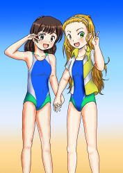 2girls andou_saki becky_jones blonde_hair brown_hair commentary_request competition_swimsuit highres holding_hands multiple_girls new_horizon one-piece_swimsuit short_hair swimsuit user_fhze5822