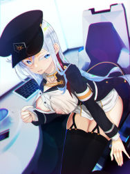 Rule 34 | 1girl, 86 -eightysix-, black thighhighs, blue eyes, breasts, chair, check commentary, commentary request, hat, highres, indoors, large breasts, looking to the side, military, military hat, military uniform, nipples, open mouth, rbx lamen, silver hair, sitting, smile, solo, thigh gap, thighhighs, uniform, vladilena millize