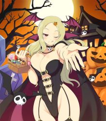 Rule 34 | 1girl, bare shoulders, bat (animal), bat wings, black thighhighs, blonde hair, breast press, breasts, cameltoe, cape, cleavage, cookie, extended hand, food, garter straps, hair ornament, hairclip, halloween, halloween costume, huge breasts, jewelry, large breasts, leotard, long hair, nails, necklace, one eye closed, pumpkin, red eyes, senran kagura, shiki (senran kagura), sweets, thick thighs, thigh gap, thighhighs, thighs, tongue, underwear, wings, wink