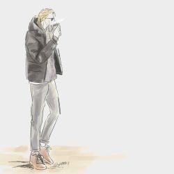 Rule 34 | 1boy, black coat, blonde hair, brown footwear, casual, coat, coffee cup, cup, disposable cup, full body, grey pants, grey sweater, holding, holding cup, jujutsu kaisen, male focus, nanami kento, pants, short hair, solo, sunglasses, sweater, ykrrr23