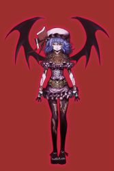 Rule 34 | 1girl, alternate costume, bad id, bad pixiv id, bat wings, female focus, full body, gloves, gradient background, hat, highres, kansou samehada, light smile, lips, purple hair, red eyes, remilia scarlet, short hair, simple background, solo, standing, tattoo, toes, touhou, wings, wristband