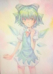 Rule 34 | 1girl, 3:, acrylic paint (medium), blue eyes, blue hair, bow, cirno, dress, finger to own chin, graphite (medium), hair bow, highres, ice, ice wings, matching hair/eyes, painting (medium), short hair, solo, thinking, touhou, traditional media, watercolor (medium), wings, yuyu (00365676)