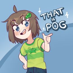 Rule 34 | 1girl, ahoge, animal print, blue eyes, blue shorts, blush, brown hair, child, english text, female focus, finger gun, freckles, frog, frog print, green hair ornament, green shirt, hair ornament, indie virtual youtuber, lily hopkins, looking at viewer, official art, open mouth, pettankon, pointing, shirt, short hair, shorts, simple background, smile, solo, striped clothes, striped shirt, t-shirt, tagme, teeth, tongue, upper body, upper teeth only