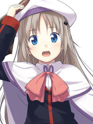 Rule 34 | 1girl, blue eyes, bow, cape, hat, holding, holding hat, level.21, little busters!, long hair, noumi kudryavka, pink bow, school uniform, silver hair, solo