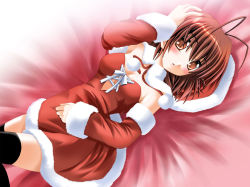 Rule 34 | 00s, 1girl, antenna hair, antennae, bed, bed sheet, black thighhighs, blush, breasts, brown hair, christmas, clannad, cleavage, cross-laced clothes, detached sleeves, dress, elbow gloves, female focus, furukawa nagisa, gloves, hand on own head, hat, looking at viewer, medium breasts, otoki raku, parted lips, red dress, santa costume, solo, source, strapless, strapless dress, thighhighs