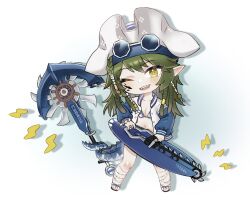 Rule 34 | 1girl, ;d, arknights, bestramos, bikini, chibi, commentary request, crocodilian tail, gavial (arknights), gavial the invincible (arknights), gavial the invincible (holiday) (arknights), green hair, head tilt, highres, holding, holding weapon, jacket, long hair, long sleeves, looking at viewer, material growth, navel, official alternate costume, one eye closed, open clothes, open jacket, open mouth, oripathy lesion (arknights), pointy ears, smile, solo, standing, stomach, sunglasses, swimsuit, tail, weapon, white headwear, yellow eyes