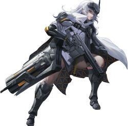 Rule 34 | 1girl, armored boots, boots, cape, full body, game cg, goddess of victory: nikke, highres, mecha musume, mechanical arms, medium hair, official art, single mechanical arm, snow white (nikke), solo, thighs, third-party source, visor (armor), white cape, white hair, yellow eyes