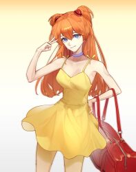 Rule 34 | 1girl, artist request, bag, bare legs, bare shoulders, blue eyes, breasts, brown hair, choker, cleavage, dress, feet out of frame, hand on own hip, highres, holding, holding bag, interface headset, long hair, looking at viewer, medium breasts, neon genesis evangelion, simple background, smile, souryuu asuka langley, standing, sundress, v, white background, yellow dress
