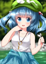 Rule 34 | 1girl, bare shoulders, blue eyes, blue hair, blue jacket, blurry, blurry background, blush, breasts, collarbone, commentary request, eyes visible through hair, grass, green hat, hair between eyes, hair bobbles, hair ornament, hand on own face, hands up, hat, highres, instrument, jacket, jewelry, kawashiro nitori, key, key necklace, leaf, light, long sleeves, looking to the side, medium breasts, necklace, one-hour drawing challenge, open mouth, river, ruu (tksymkw), shadow, shirt, short hair, short twintails, sleeveless, sleeveless shirt, smile, solo, standing, sweat, sweatdrop, t-shirt, touhou, tree, twintails, water, white shirt, wrench