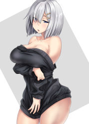 Rule 34 | 10s, 1girl, alternate costume, bare shoulders, black dress, blue eyes, blush, breast hold, breasts, cleavage, collarbone, commentary request, cowboy shot, dress, eyes visible through hair, hair ornament, hair over one eye, hairclip, hamakaze (kancolle), highres, kantai collection, kinntarou, large breasts, looking at viewer, off-shoulder dress, off shoulder, parted lips, short dress, short hair, silver hair, solo, sweater, sweater dress