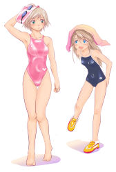 Rule 34 | 2girls, arena (company), bad id, bad pixiv id, blue eyes, blue one-piece swimsuit, brown hair, competition school swimsuit, competition swimsuit, covered navel, covered erect nipples, goggles, green eyes, highleg, highleg swimsuit, long hair, multiple girls, no socks, one-piece swimsuit, original, pink one-piece swimsuit, school swimsuit, shoes, shoko (moccom), short hair, sneakers, swim cap, swimsuit, thigh gap, thighs, towel, towel on head