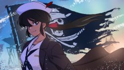 Rule 34 | 1girl, black coat, black eyes, black hair, black neckerchief, blouse, bow, coat, dark-skinned female, dark skin, dated, dixie cup hat, flag, girls und panzer, girls und panzer saishuushou, hair bow, hair over one eye, hat, hat feather, highres, jolly roger, lapels, long hair, long sleeves, looking at viewer, military hat, neckerchief, notched lapels, ogin (girls und panzer), ooarai naval school uniform, open clothes, open coat, pirate, ponytail, red bow, sailor, school uniform, shinmai (kyata), shirt, smile, solo, upper body, white hat, white shirt