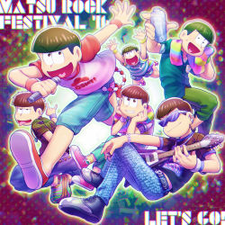 Rule 34 | 10s, 6+boys, \m/, bottle, bowl cut, brothers, brown hair, capri pants, earrings, electric guitar, english text, guitar, heart, heart in mouth, highres, instrument, jewelry, male focus, matsuno choromatsu, matsuno ichimatsu, matsuno jyushimatsu, matsuno karamatsu, matsuno osomatsu, matsuno todomatsu, microphone, multiple boys, osomatsu-kun, osomatsu-san, pants, sandals, sextuplets, shirt, shoes, shorts, show chiku-by, siblings, smile, sneakers, sunglasses, t-shirt, towel, water bottle, wristband