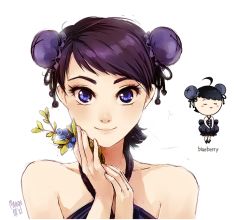 Rule 34 | 1girl, ahoge, bare arms, bare shoulders, black dress, black hair, blue eyes, blueberry, blush stickers, bun cover, chibi, closed eyes, double bun, dress, food, food-themed clothes, fruit, hair bun, lips, looking at viewer, meago, original, personification, purple hair, signature, simple background, sketch, smile, solo, themed object, upper body