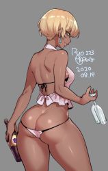 Rule 34 | 1girl, 2020, agawa ryou, ass, bare back, bare shoulders, blonde hair, butt crack, champagne flute, cup, dark-skinned female, dark skin, dated, drinking glass, earrings, from behind, green eyes, grey background, jewelry, panties, pink panties, short hair, signature, simple background, solo, thick thighs, thighs, underwear