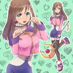 Rule 34 | 1girl, breasts, brown hair, closed mouth, green eyes, hair ornament, hairclip, long hair, looking at viewer, open mouth, paw pose, pencil skirt, rusinomob, skirt, smile, solo, sophia esteed, star ocean, star ocean till the end of time, thighhighs