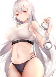 Rule 34 | 1girl, azur lane, bare shoulders, black panties, blouse, blush, breasts, buckle, cleavage, closed mouth, commentary request, cowboy shot, crop top, crossed bangs, cuffs, groin, hair between eyes, hand up, handcuffs, highres, holding, holding handcuffs, kisaki oni, large breasts, light frown, long hair, looking at viewer, midriff, mole, mole under eye, navel, no pants, o-ring, o-ring bottom, panties, red eyes, revision, scar, shirt, silver hair, simple background, sleeveless, sleeveless shirt, snap-fit buckle, solo, sovetskaya rossiya (azur lane), sovetskaya rossiya (the lackadaisical lookout) (azur lane), standing, stomach, tank top, taut clothes, thighs, underbust, underwear, very long hair, white background, white tank top