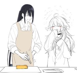 Rule 34 | 2boys, apron, ayashiro keika, bishounen, black choker, black hair, blue eyes, blush, choker, chopsticks, closed eyes, collared shirt, commentary, cutting board, eating, food, grin, hand to own mouth, happy, holding, holding chopsticks, long hair, looking at another, male focus, multiple boys, omelet, original, partially colored, ponytail, shirt, simple background, sleeves past wrists, sleeves rolled up, smile, tamagoyaki, trap, very long hair, waka (shark waka), wavy hair, white background, white hair, white shirt