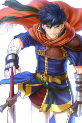 Rule 34 | 1boy, armor, bandana, belt, black bandana, black gloves, blue hair, blue jacket, cape, fingerless gloves, fire emblem, fire emblem: radiant dawn, gloves, hair between eyes, hand on hilt, highres, ike (fire emblem), jacket, looking at viewer, male focus, nintendo, pants, red cape, short sleeves, shoulder armor, simple background, solo, soyo2106, spiked hair, sword, torn clothes, torn jacket, weapon, white background, white pants