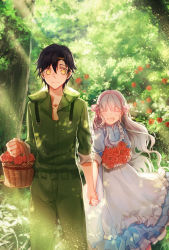 Rule 34 | 1boy, 1girl, :d, ^ ^, apron, basket, belt, black hair, blue dress, blurry, bow, buckle, bush, closed eyes, closed mouth, collarbone, colored eyelashes, day, depth of field, dress, flower, forest, frills, grey hair, hair between eyes, hair bow, hair ornament, hairband, hairclip, hetero, holding, holding flower, holding hands, hood, hood down, jumpsuit, kagerou project, kozakura marry, laughing, leclle, light particles, long hair, nature, open mouth, outdoors, red eyes, red flower, red rose, rose, rose bush, seto kousuke, sleeves rolled up, smile, sunlight, tree, walking, white apron, yellow eyes