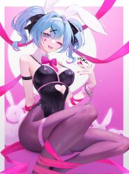 Rule 34 | 1girl, ace (playing card), ace of hearts, animal ears, arm behind back, bare shoulders, black leotard, black pantyhose, black ribbon, blue eyes, blue hair, blush, bound, bow, bowtie, breasts, card, clothing cutout, covered erect nipples, covered navel, cuffs, cutout above navel, detached collar, fake animal ears, feet out of frame, hair ribbon, hairband, handcuffs, hatsune miku, heart, heart-shaped pupils, heart cutout, highres, holding, holding card, large breasts, leotard, looking at viewer, necktie, one eye closed, pantyhose, pink bow, pink bowtie, pink necktie, pink ribbon, playing card, rabbit ears, rabbit hole (vocaloid), restrained, ribbon, solo, spaghetti strap, stuffed toy, syami (choiimi), symbol-shaped pupils, teardrop facial mark, tied up (nonsexual), twintails, vocaloid, white hairband