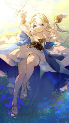 Rule 34 | 1girl, absurdres, alternate costume, bird, blue eyes, detached sleeves, dove, dress, flower, grass, highres, honkai (series), honkai impact 3rd, laurel crown, lying, on back, on grass, puffy sleeves, qing shi mang xue (user faem7575), sandals, solo, theresa apocalypse, toes, translucent, dove, white hair
