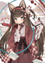 Rule 34 | 1girl, animal ear fluff, animal ears, aqua eyes, black bow, blush, bow, brown hair, collared dress, dress, dress bow, finger to cheek, fox ears, fox girl, fox mask, fox tail, frilled dress, frills, goma (u p), hairband, hands up, japanese clothes, long dress, long hair, long sleeves, looking at viewer, mask, mask on head, obi, original, red dress, red hairband, sash, solo, standing, tail, tail raised, thick eyebrows, very long hair, wide sleeves