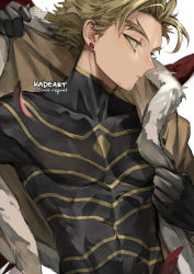 Rule 34 | 1boy, black gloves, black shirt, blonde hair, boku no hero academia, bomber jacket, brown jacket, costume, ear piercing, earrings, facial hair, facial mark, feathered wings, feathers, forked eyebrows, fur-trimmed jacket, fur trim, gloves, goatee, hawks (boku no hero academia), high collar, jacket, jewelry, kadeart, long eyebrows, male focus, piercing, red feathers, red wings, shirt, short hair, skin tight, solo, striped clothes, striped shirt, stubble, stud earrings, thick eyebrows, tight clothes, tight shirt, toned, toned male, twitter username, upper body, wings, yellow eyes