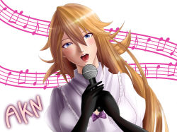 Rule 34 | 1girl, akane (cookie), black gloves, blonde hair, blue eyes, blush, breasts, character name, cleavage, cookie (touhou), elbow gloves, eyebrows, gloves, highres, holding, holding microphone, kirisame marisa, large breasts, looking at viewer, microphone, music, musical note, open mouth, sakamochi, singing, smile, solo, staff (music), touhou, upper body