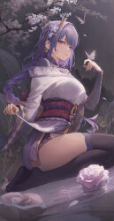 Rule 34 | 1girl, absurdres, black thighhighs, blurry, braid, breasts, bridal gauntlets, cherry blossoms, clothes lift, depth of field, flower, genshin impact, hair ornament, highres, hy (hem oo), insect on finger, japanese clothes, kimono, kneeling, large breasts, legs, long hair, low-braided long hair, low-tied long hair, night, no shoes, outdoors, purple eyes, purple kimono, raiden shogun, red sash, sash, soles, solo, thighhighs, thighs, very long hair