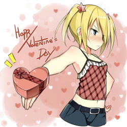 Rule 34 | 1girl, averting eyes, belt, blonde hair, blue eyes, blush, camisole, cropped legs, gift, hand on own hip, happy valentine, heart, midriff, navel, original, outstretched hand, short hair, short twintails, sky-freedom, solo, tsundere, twintails, ueno kyouko, valentine