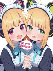 Rule 34 | 2girls, :d, animal ear headphones, animal ears, blonde hair, blue archive, blue bow, blue bowtie, blush, bow, bowtie, cat ear headphones, cheek-to-cheek, commentary request, fake animal ears, green eyes, halo, headphones, heads together, interlocked fingers, looking at viewer, maid, midori (blue archive), midori (maid) (blue archive), momoi (blue archive), momoi (maid) (blue archive), multiple girls, official alternate costume, open mouth, red eyes, short hair, siblings, sisters, smile, twins, ushimittsu
